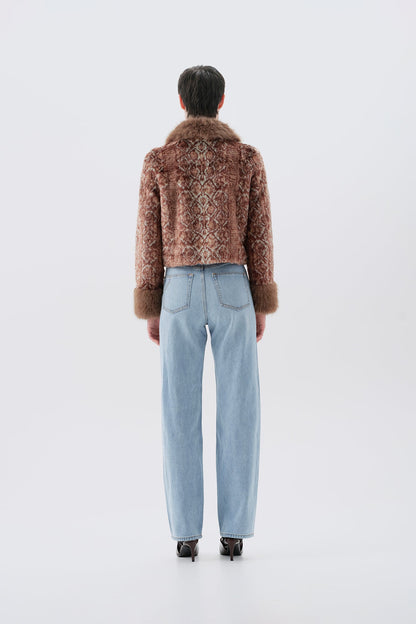 Cropped brown patterned faux fur jacket, fur trim collar and cuffs, back view
