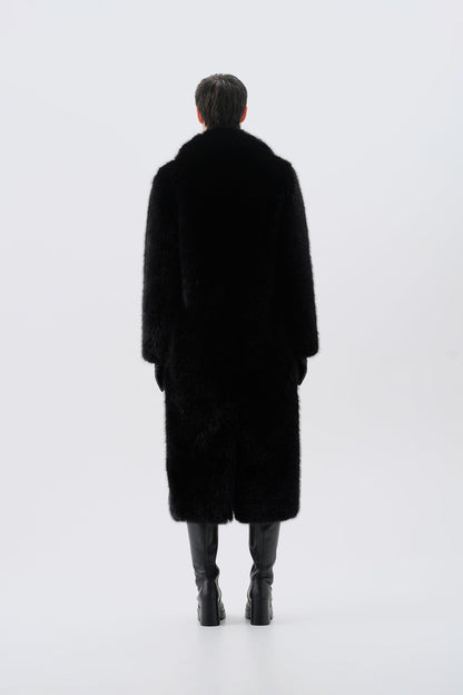 Long black faux fur coat, back view