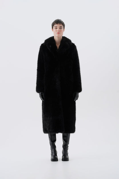 Long black faux fur coat, front view