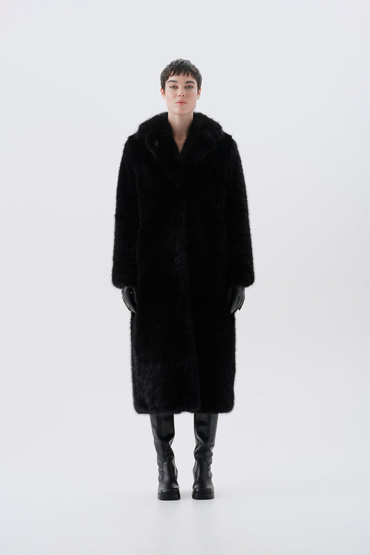 Long black faux fur coat, front view
