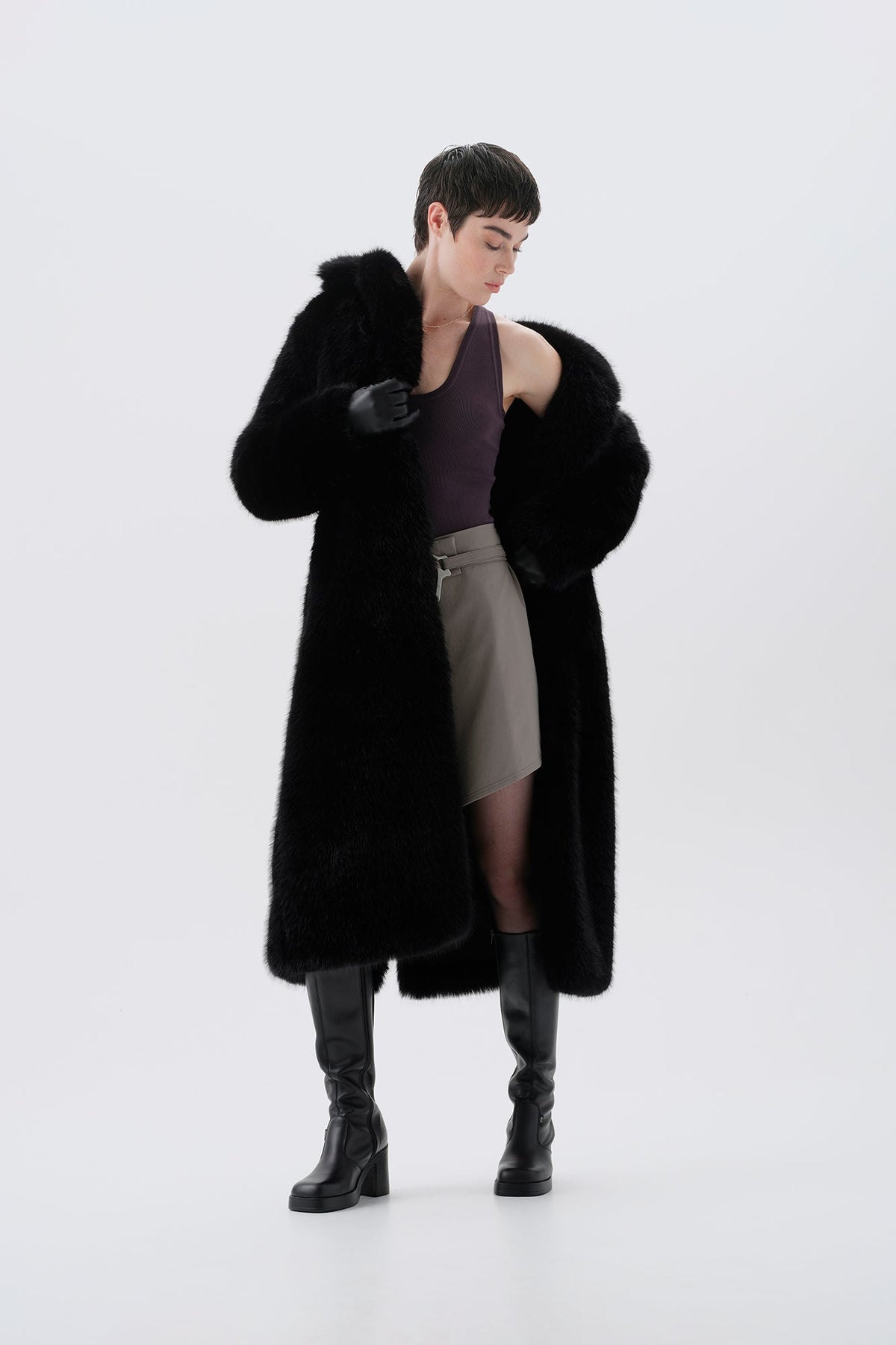 Long black faux fur coat