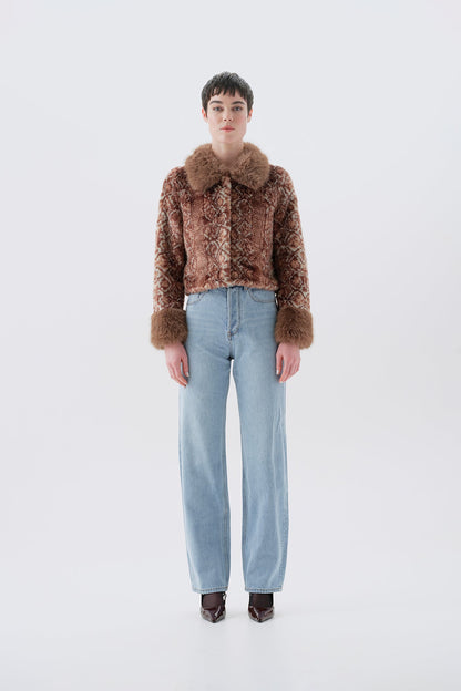 Cropped brown patterned faux fur jacket, fur trim collar and cuffs, front view