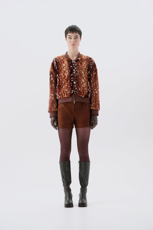 Brown bambi patterned faux fur bomber jacket, front view