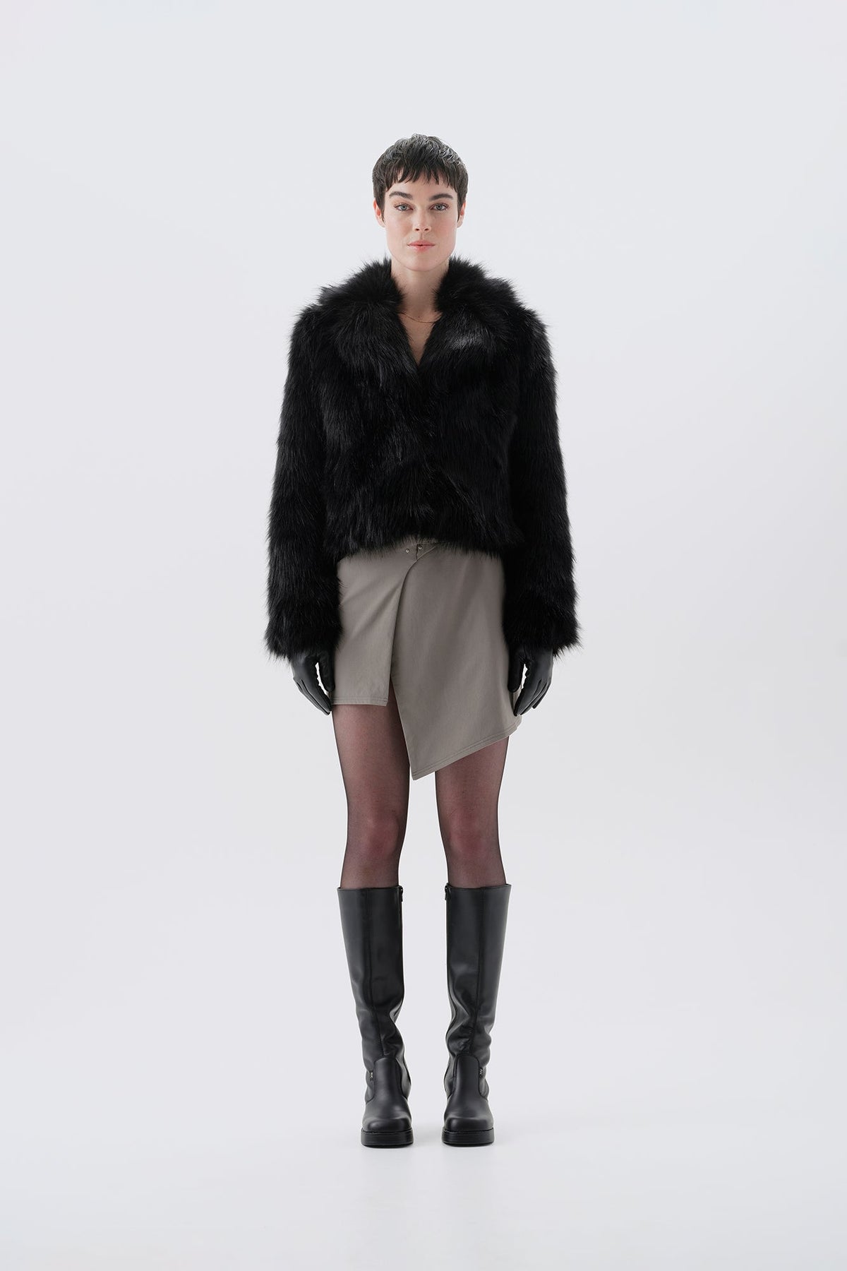 Cropped black faux fur jacket, front view