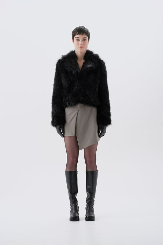 Cropped black faux fur jacket, front view