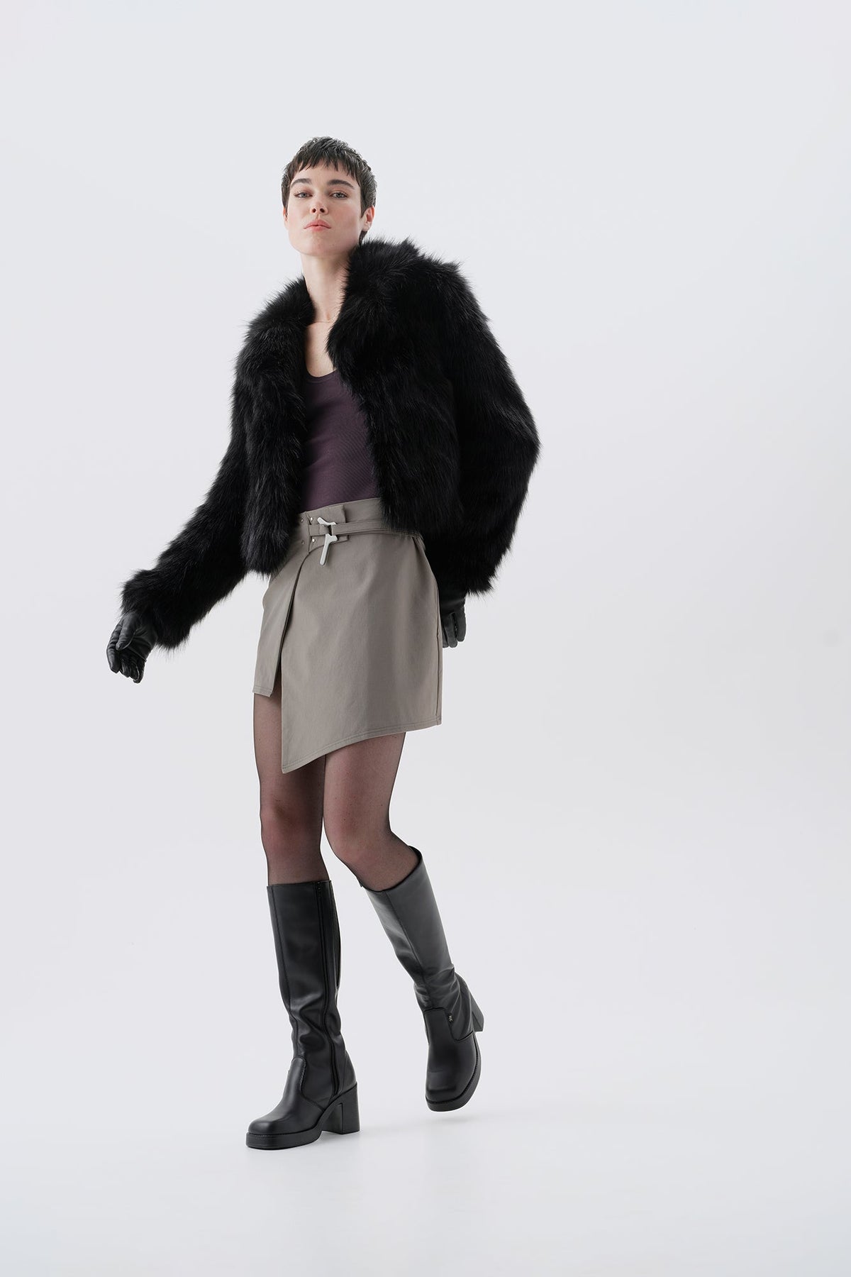 Cropped black faux fur jacket
