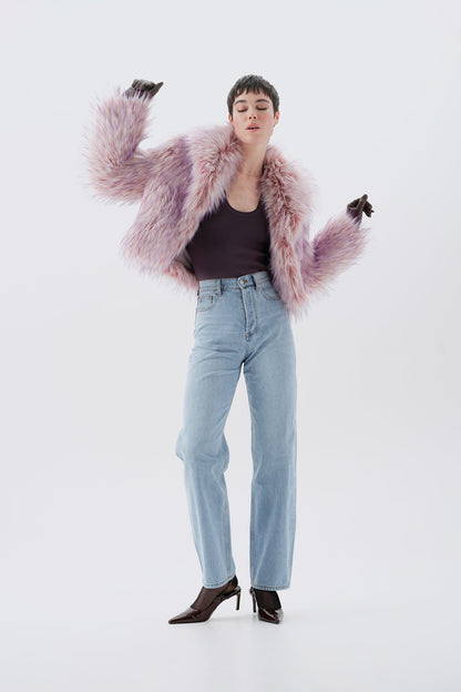 Cropped pink and purple faux fur jacket