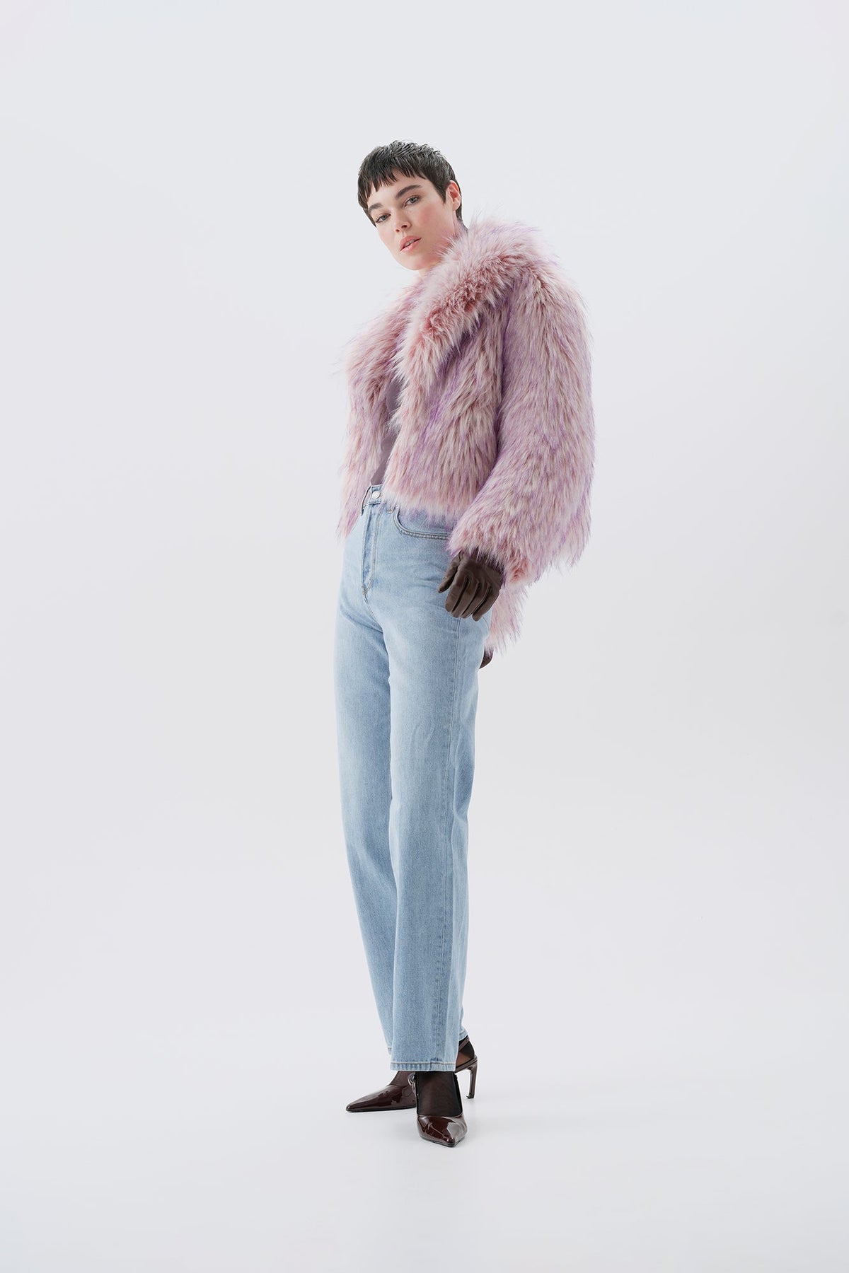 Cropped pink and purple faux fur jacket, side view