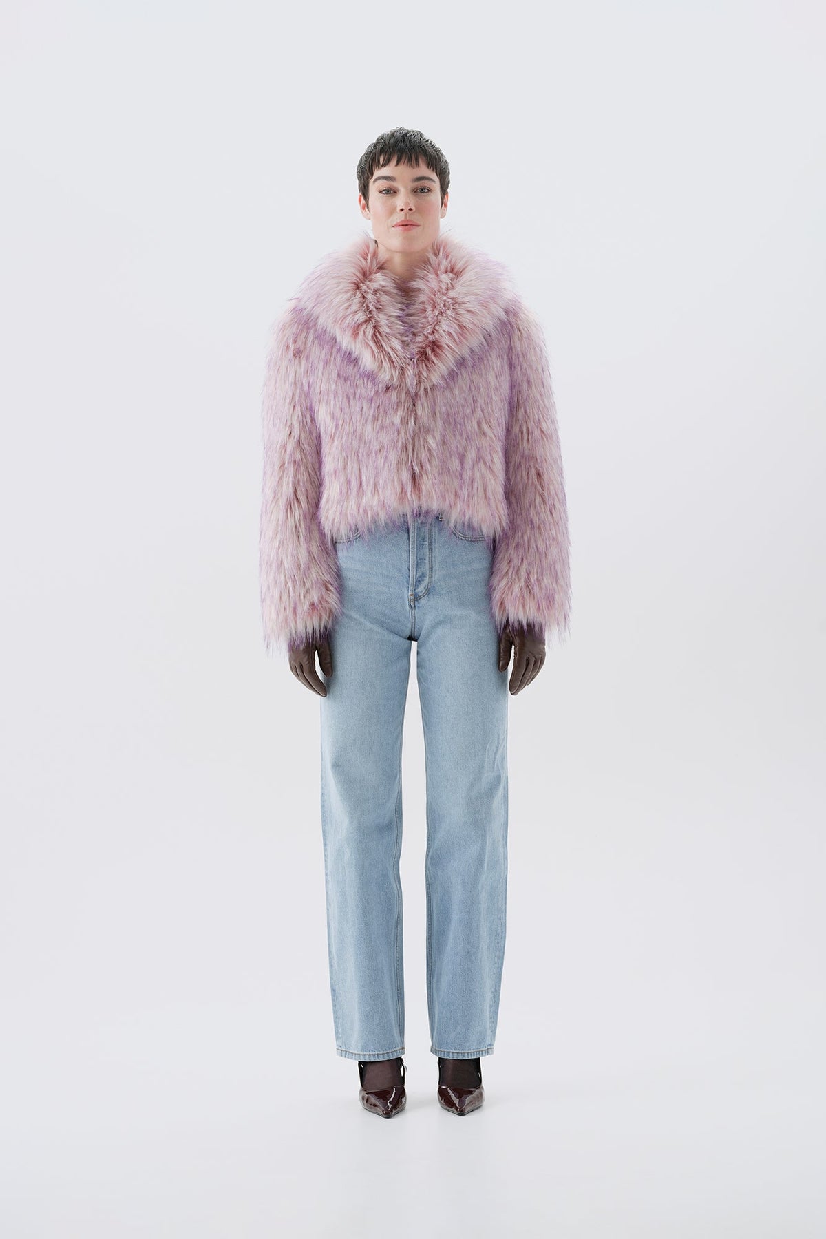 Cropped pink and purple faux fur jacket, front view