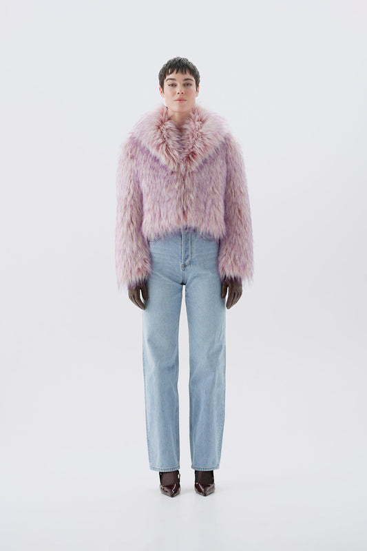 Cropped pink and purple faux fur jacket, front view