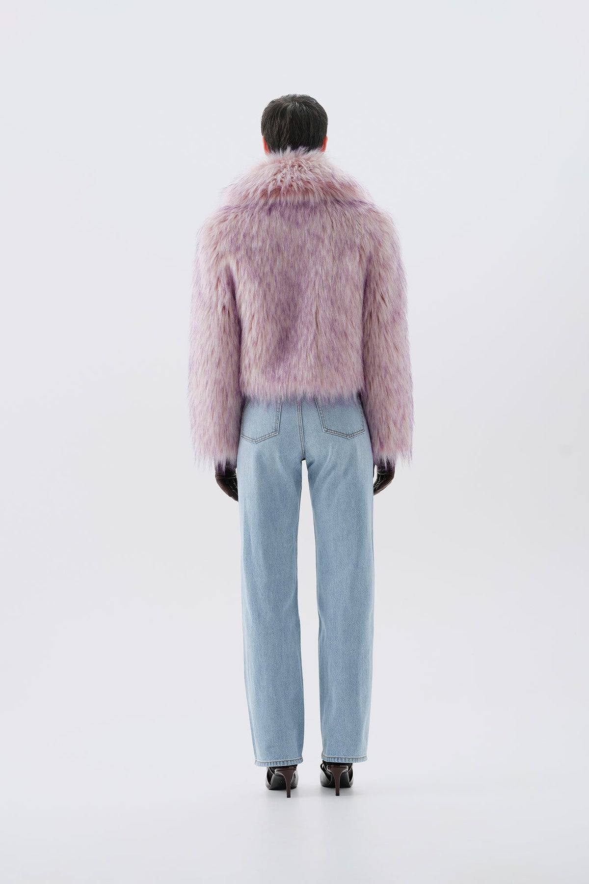 Cropped pink and purple faux fur jacket, back view