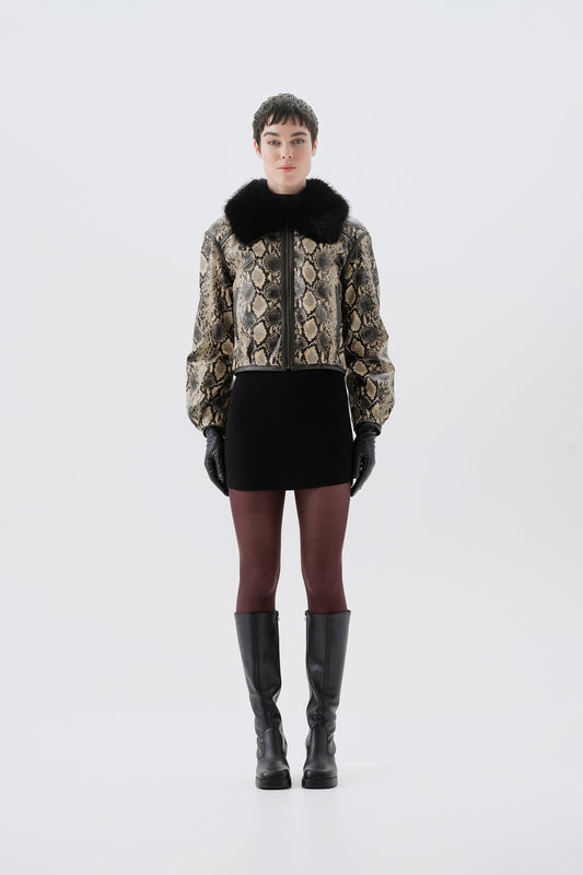 Cropped mock python PU jacket with black faux fur collar, front view