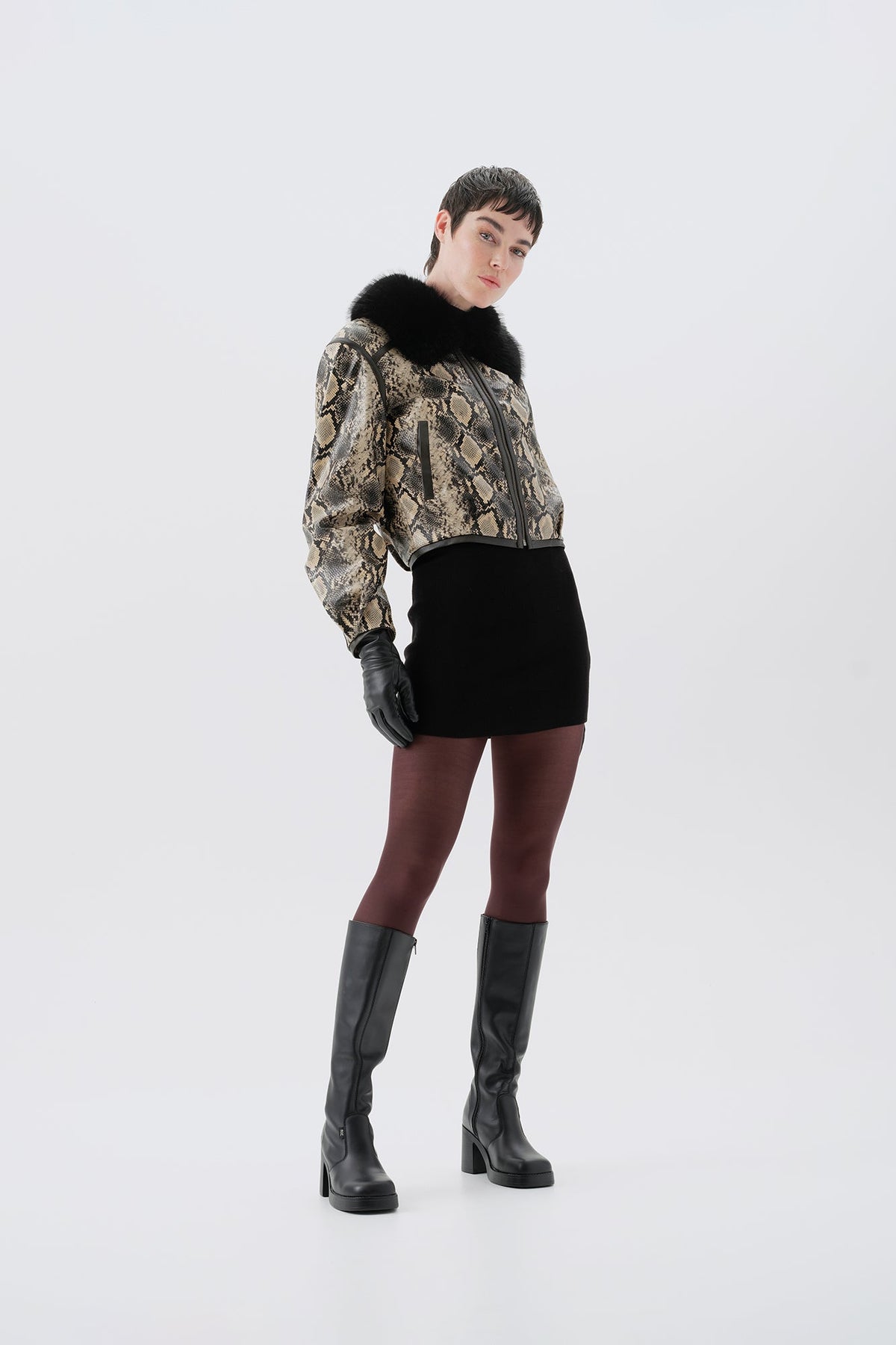 Cropped mock python PU jacket with black faux fur collar