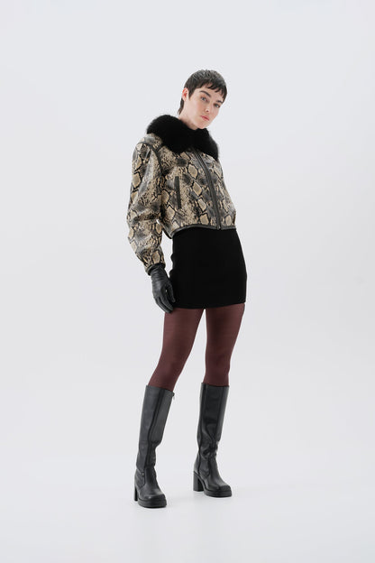 Cropped mock python PU jacket with black faux fur collar