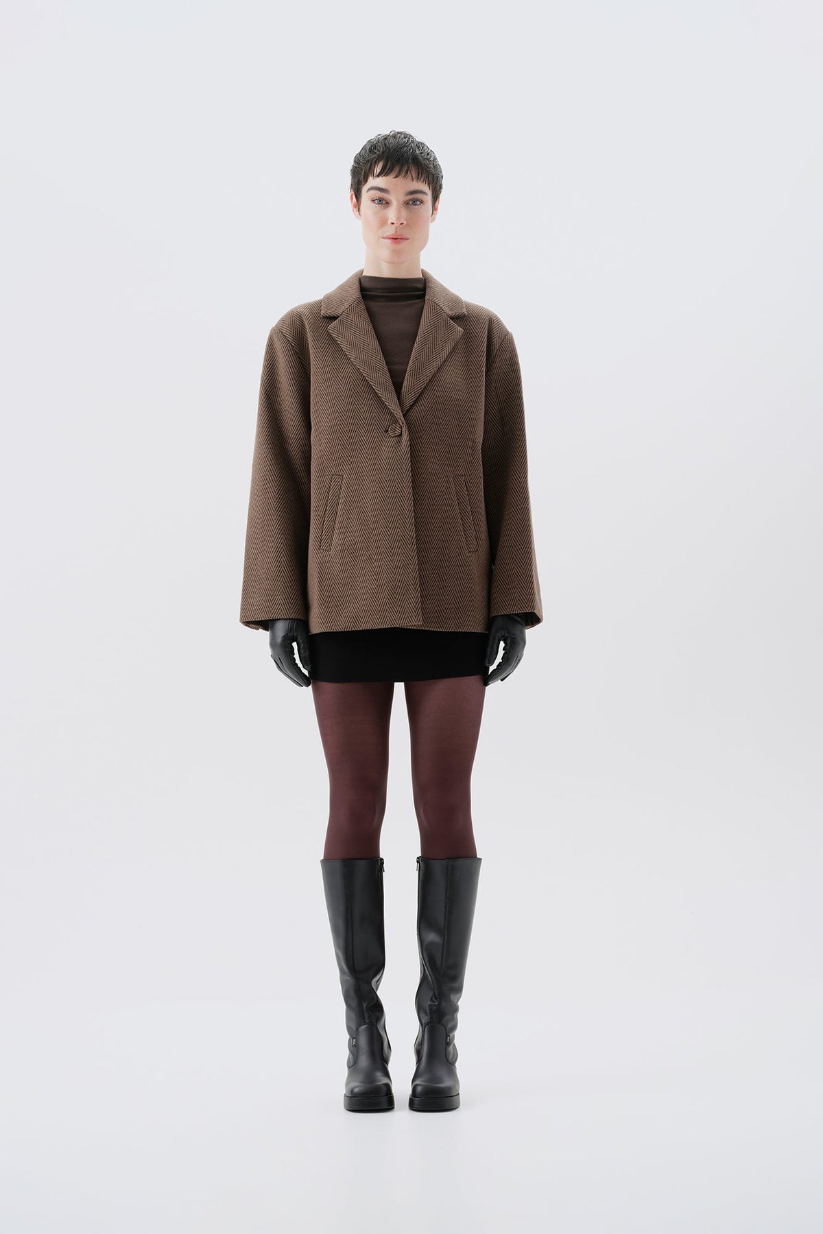 Brown oversized blazer with shoulder pads, front view