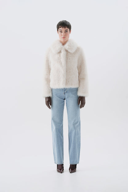 White faux fur jacket, front view