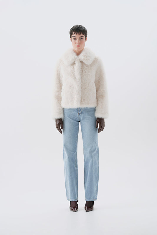 White faux fur jacket, front view